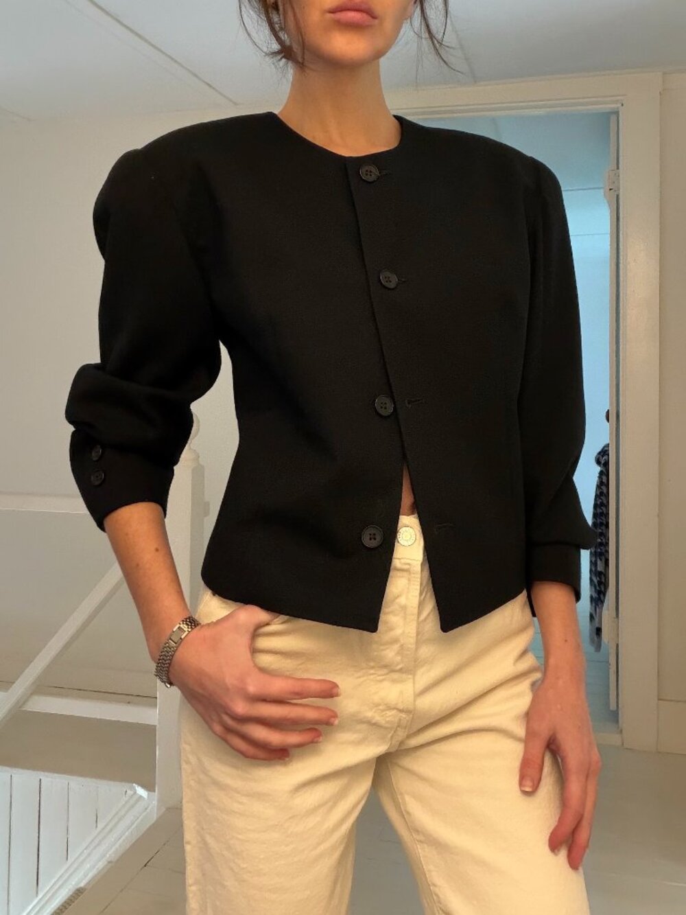 E.R. Gerard For Renlyn Vintage 90s Wool Collarless Blazer Jacket Black Size 6